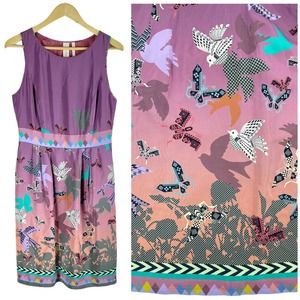 Anthro Heyhoe Silk Bird Printed Sheath Dress Purple Size 8